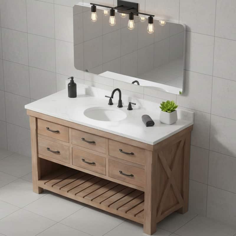Deluxe natural finish vanity with 30 mm white marble top