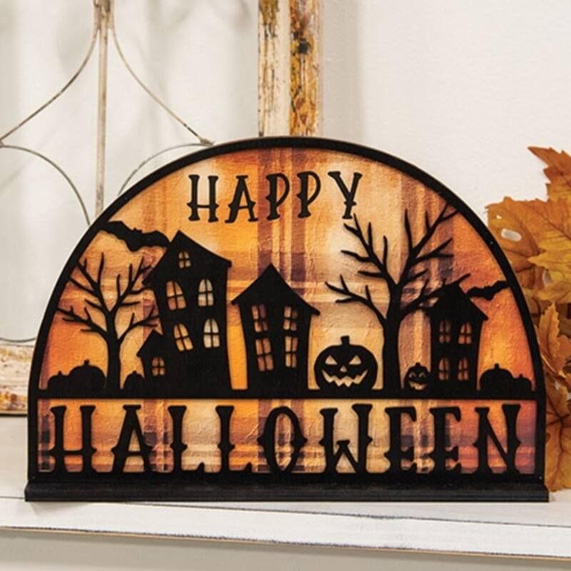 Happy Halloween Spooky Village Wood Sign with Plaid Background Freestanding Fall Decor - 8.5" H x 12" W x 1.75" D