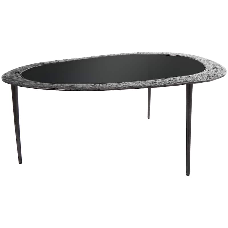 Aluminum Metal Abstract Oval Shaped Side End Table with Shaded Glass Top and Detailed Engravings - Black - Roche River Decor - Black - 30"W,18"H