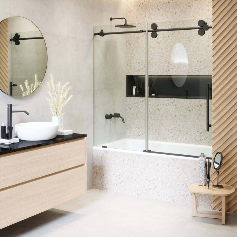 Fine Fixtures Tub Door Sliding Frameless Tempered Glass - 60 Inch - Black