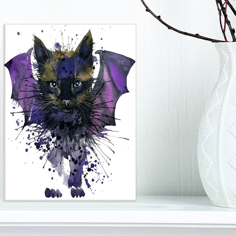 Designart "Black Cat with Blue Wings" Animal Canvas Wall Art - 8 in. wide x 12 in. high