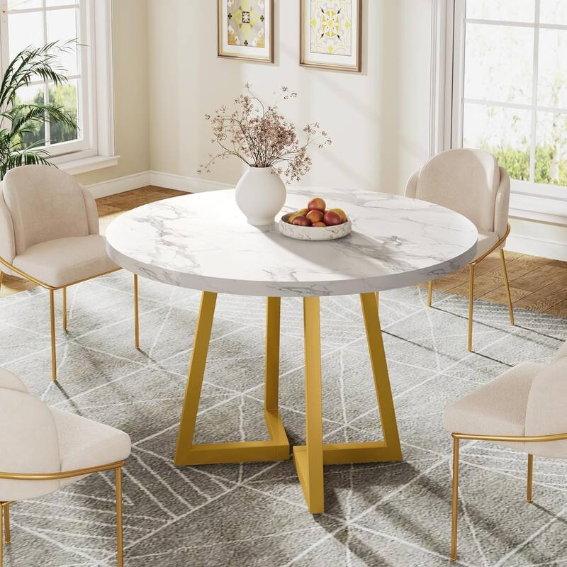 Industrial Dining Table for 4, 31.5” Square Dinner Table for Kitchen - White&Gold-Round
