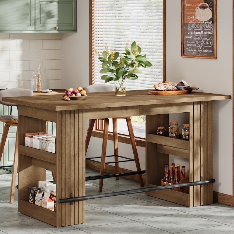 63 Inch Bar Table with Footrest, Bar Height Pub Table, Industrial High Top Kitchen & Dining Counter Tables with Storage Shelves - Rustic Brown