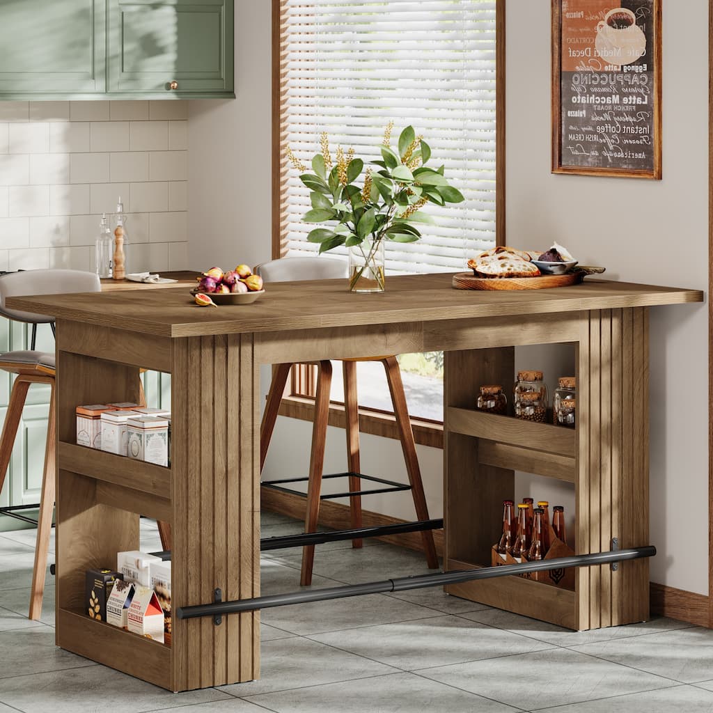 63 Inch Bar Table with Footrest, Bar Height Pub Table, Industrial High Top Kitchen & Dining Counter Tables with Storage Shelves