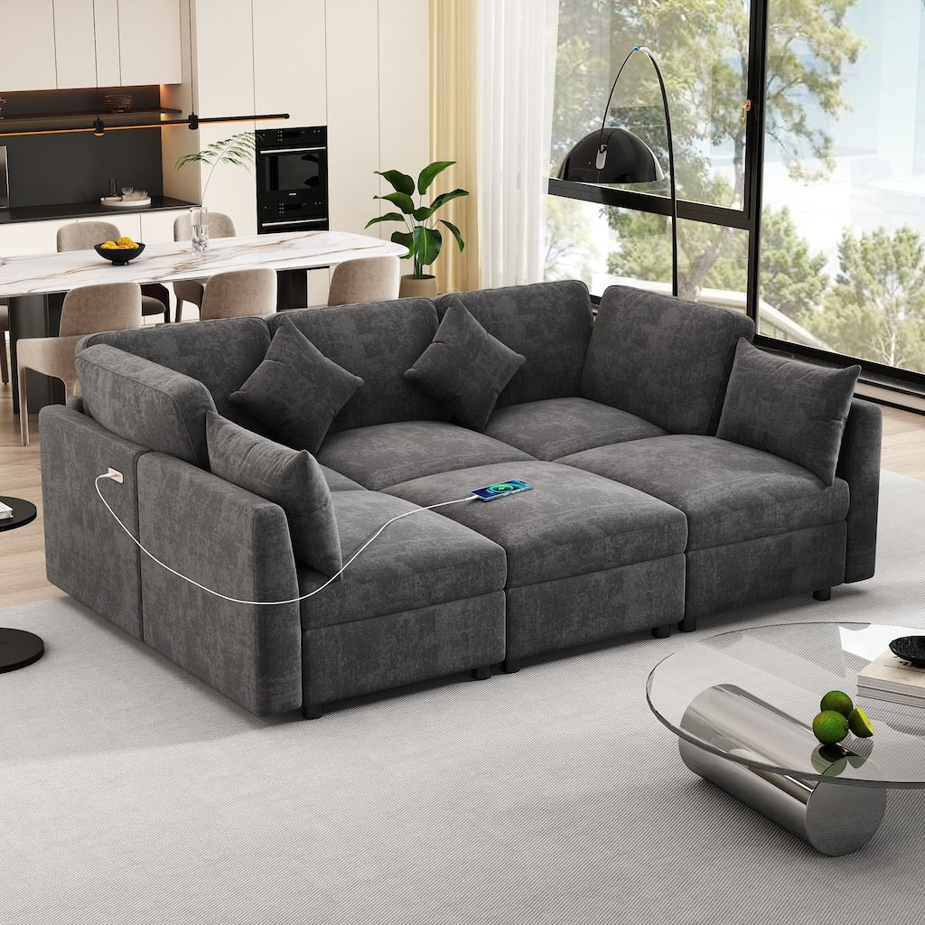 L-Shaped Modular Sectional Sofa Convertible U-Shaped Sofa Bed with Movable Ottoman and 2 USB Ports, 2 Pillows, Chenille 5 Seat