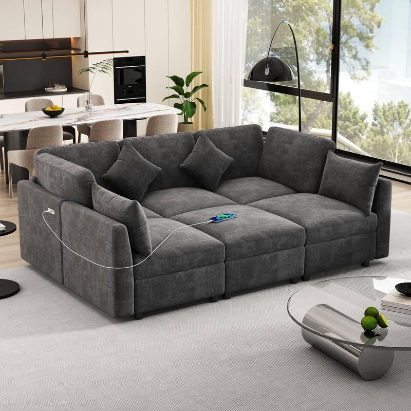 Roomfitters Modular Sectional U-Shaped Sofa Bed with Movable Ottoman, USB Ports, and Versatile Design for Living Room Style - Black