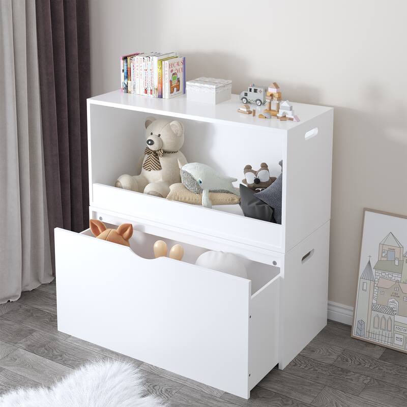 Open Toy Storage Box for Kids, White Wooden Organizer Bin for Plush Toys, Books, Nursery or Playroom Use