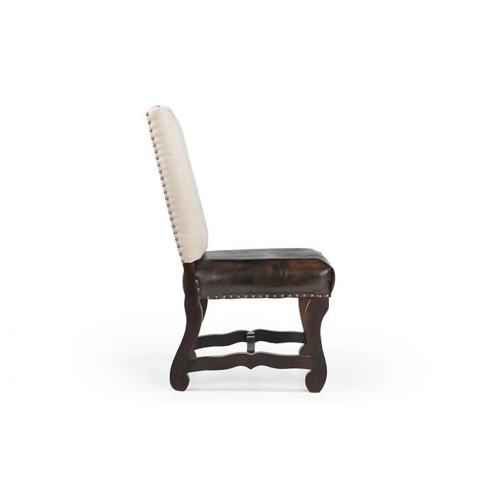 HomeRoots Set of Two Cream and Dark Brown Wood Leather And Linen Dining Side Chairs - 22 in. x 41.5 in. x 24 in.