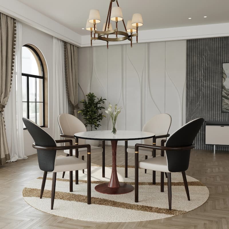 Bristol 31" Round Dining Table with MDF Top and Walnut Steel Pedestal Base for Modern Kitchen and Dining Room