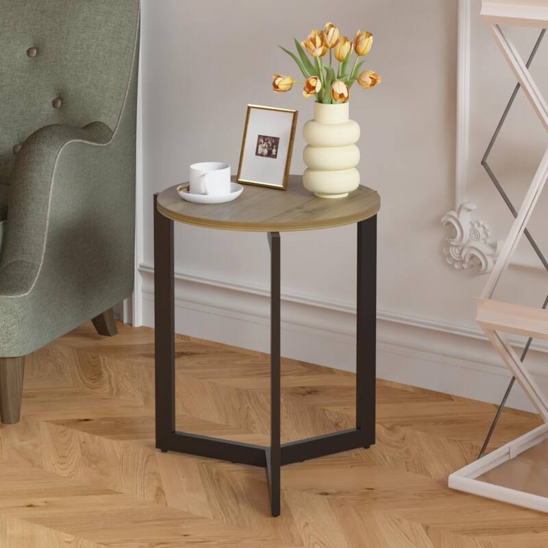 19.68''H Rustic Accent Round Side Table with Sturdy Metal Frame for Living Room - Brown - MDF