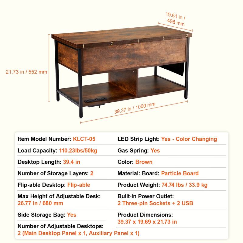Lift Top Coffee Table, Rectangle Coffee Table with Extra Storage Pockets, Pop Up Coffee Table for Living Room