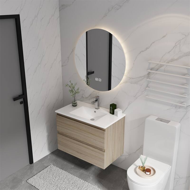 30" Wall-Mounted Bathroom Vanity w/Ceramic Sink,2-Soft Close Drawers - Light Oak