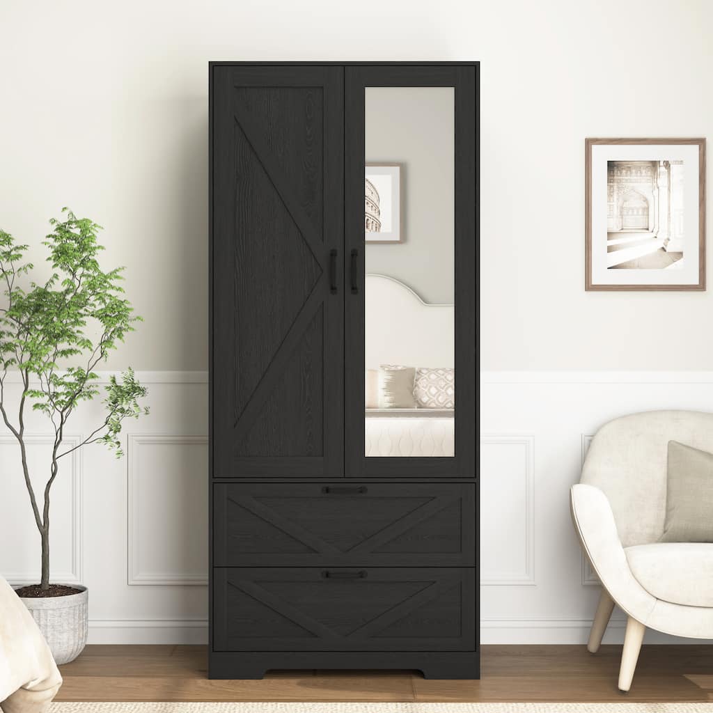 2 Door Wood Wardrobe with Hanging Clothing Rod inside the Cabinet and 2 Drawers, Multifunctional Closet with Mirror
