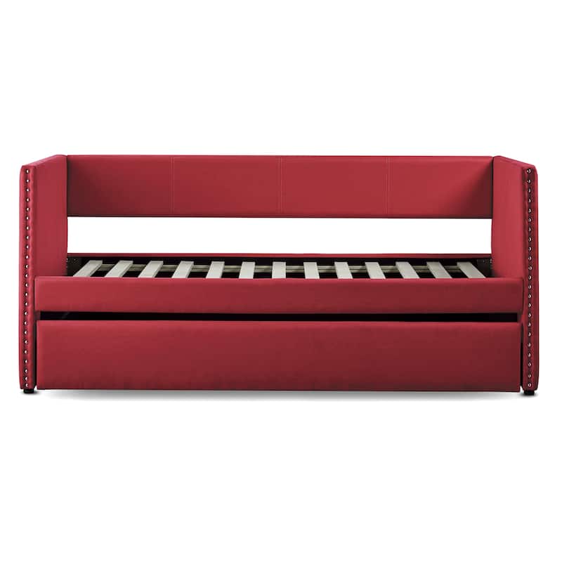 Fabric Upholstered Day Bed with Pull-out Trundle Nailhead Trim Wood