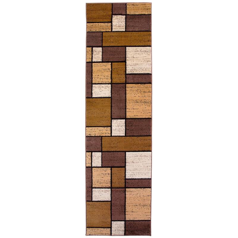 World Rug Gallery Contemporary Modern Boxed Color Block Area Rug - 2' x 7'2" Runner - Brown