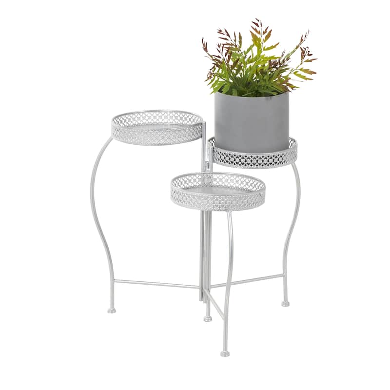 Metal Curved Folding 3 Tier Indoor Outdoor Plantstand with Floral and Scroll Patterns - Gold, Black, Silver - Roche River Decor - Silver