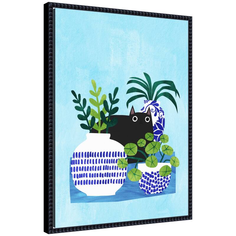 Kate and Laurel Blue Pots by Planet Cat Framed Canvas Wall Art Print - 18 x 24 - Black