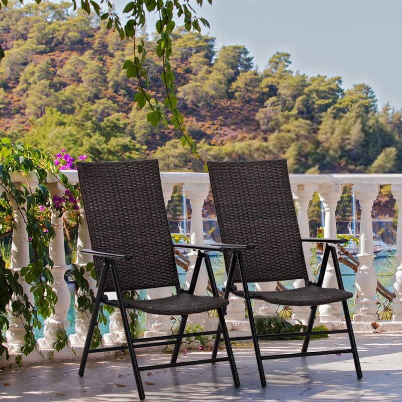 Outdoor Wicker Patio Folding Dining Chairs Set of 2, Adjustable Patio Rattan Recliner Wicker Chairs with High Backrest