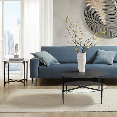 Martha Stewart Caroline Black Round Coffee Table with Interchangeable Wood and Glass Top