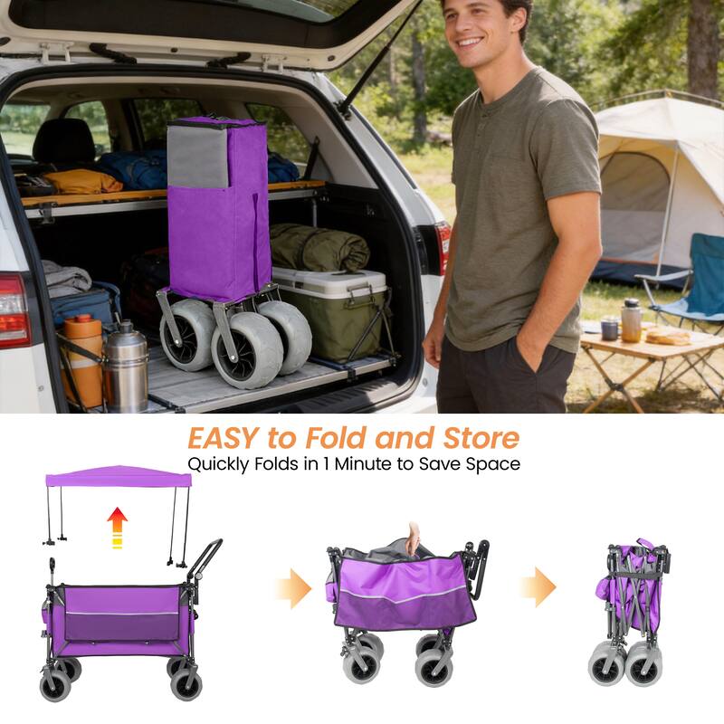 Multi-Functional Push-Pull Folding Wagon Cart with Rotating Handle & Canopy, 9"x4" Beach Tires, 300L Large Capacity