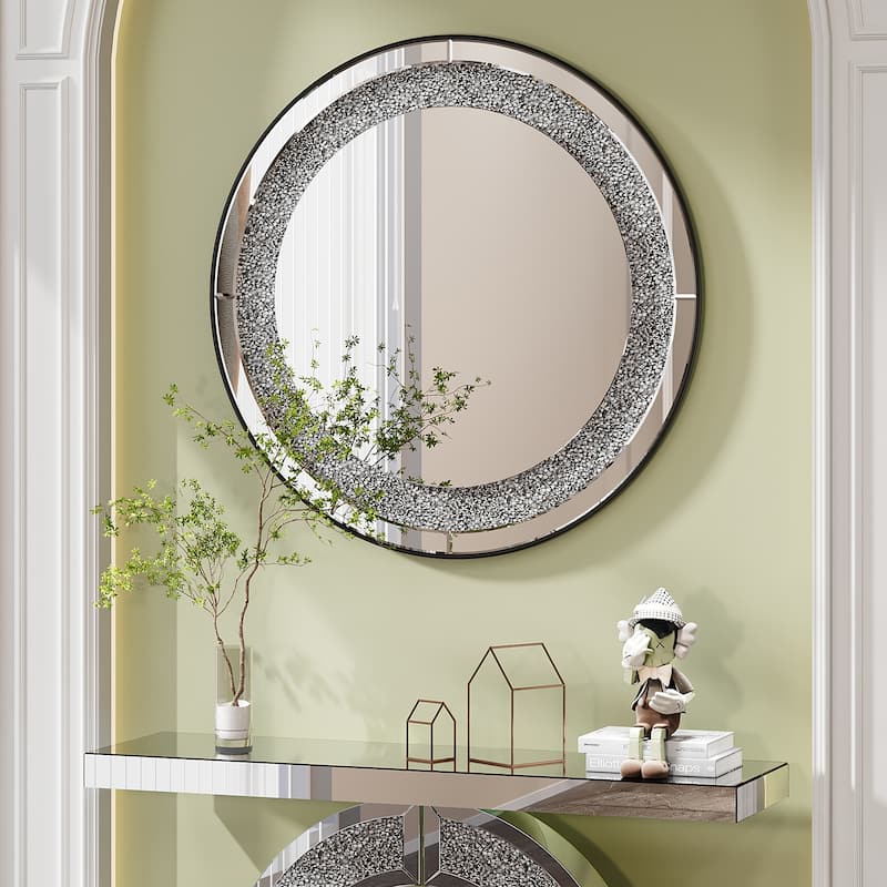 Crystal Crush Diamond Sparkly Silver Round Wall Mirror - Home Decoration