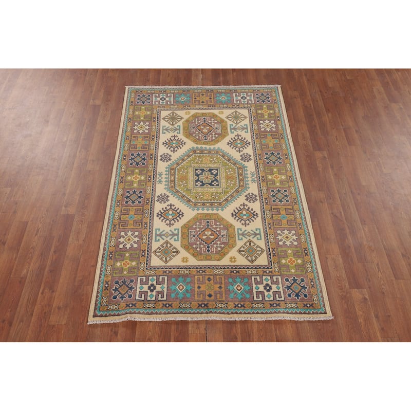 Kazak Foyer Rug Handmade Beige Geometric Wool Carpet - 3'11" x 6'1"