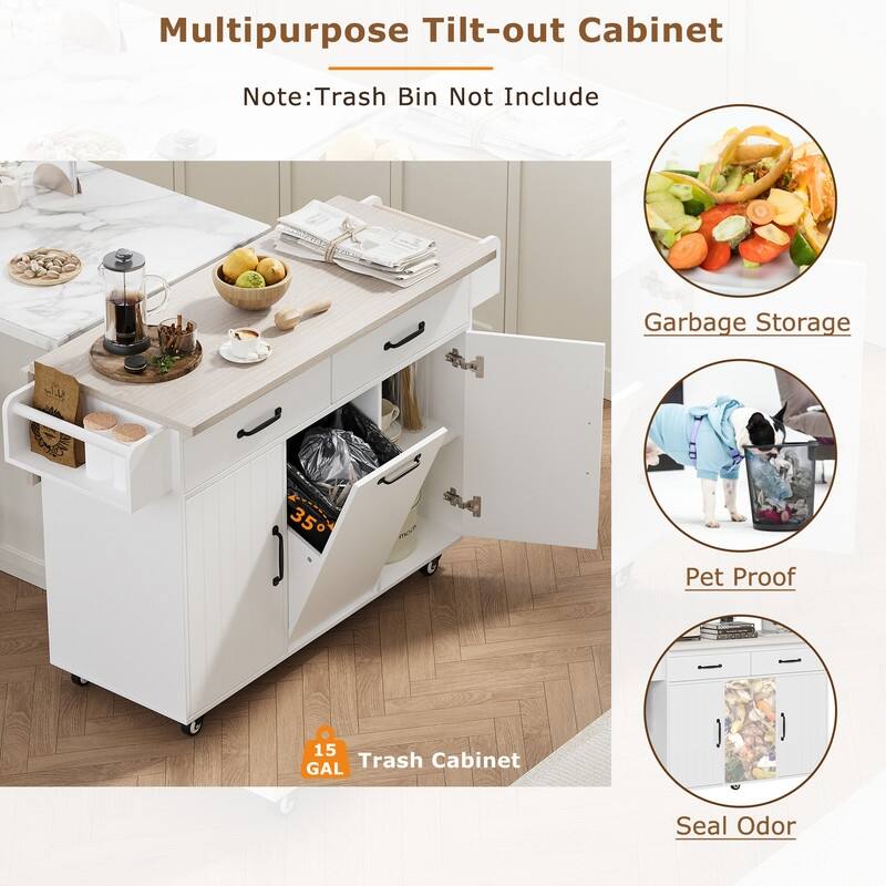 Rolling Kitchen Island with Trash Can, Kitchen Cart with Drop Leaf, Adjustable Shelf