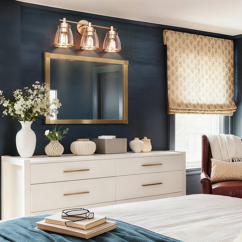 Modern Glam Gold 3-Light Bathroom Vanity Light Bowl Glass Wall Sconces - L 22" x W 7" x H 10"