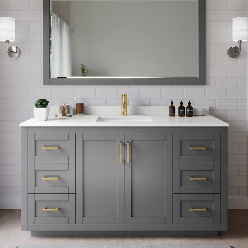 Wyndham Collection WCF292960S-QTZ-UNSM58 Miranda 60" Free Standing - Dark Gray / White Quartz Top / Brushed Gold