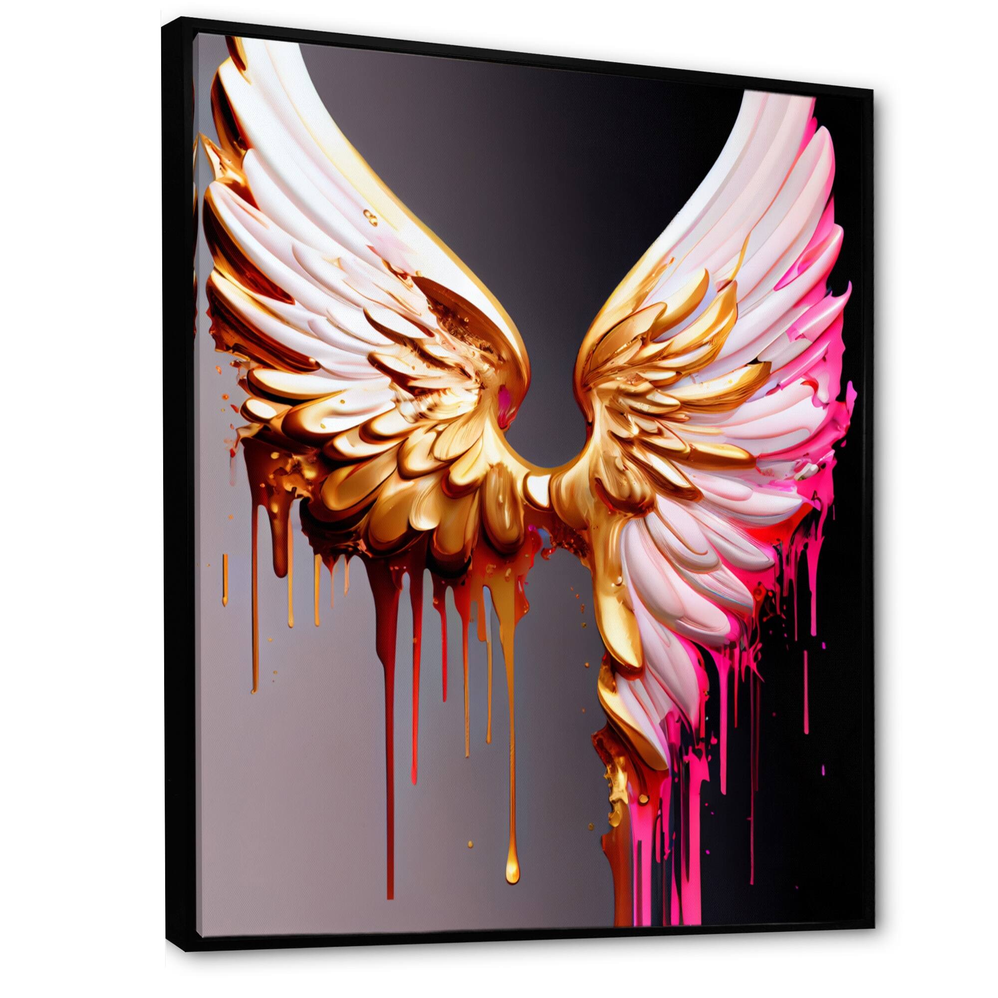 Designart "Pink,Gold And Black Angel Wings IV" Contemporary Glam Framed