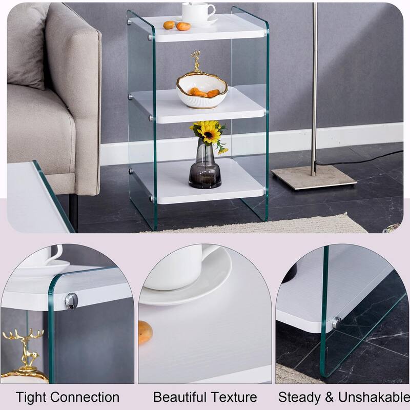 3-Tier Glass Bedside Table, Modern Nightstand with Storage