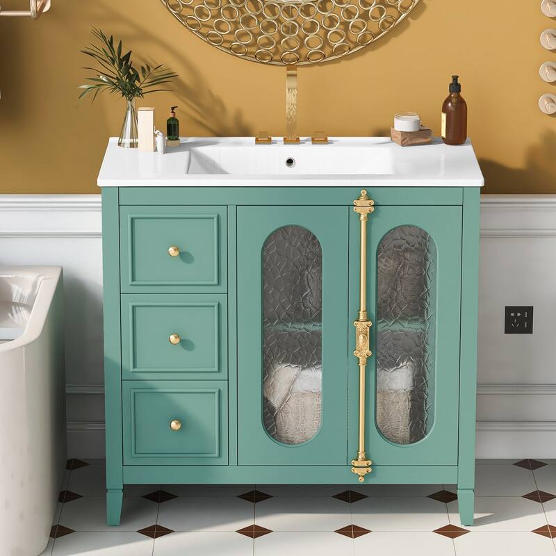 36'' Freestanding Bathroom Vanity with White Integrated Ceramic Sink - 36'' x 18.3'' x 33.9'' - Painted - 36'' x 18.3'' x 33.9'' -  Lake Green