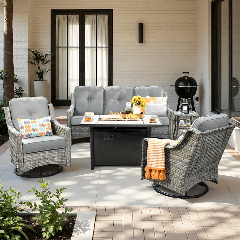 HOOOWOOO 5-piece Wicker Outdoor Furniture Swivel Chairs Set with Fire Pit - Dark Grey