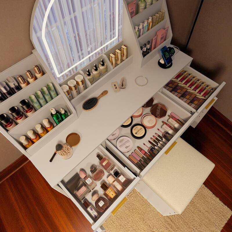 47.2" Makeup Vanity with LED Mirror, Charging Station, Cushioned Storage Stool, Drawers & Cabinets, White
