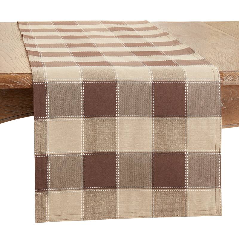 Stitched Design Plaid Table Runner - 16"x90" - Mocha