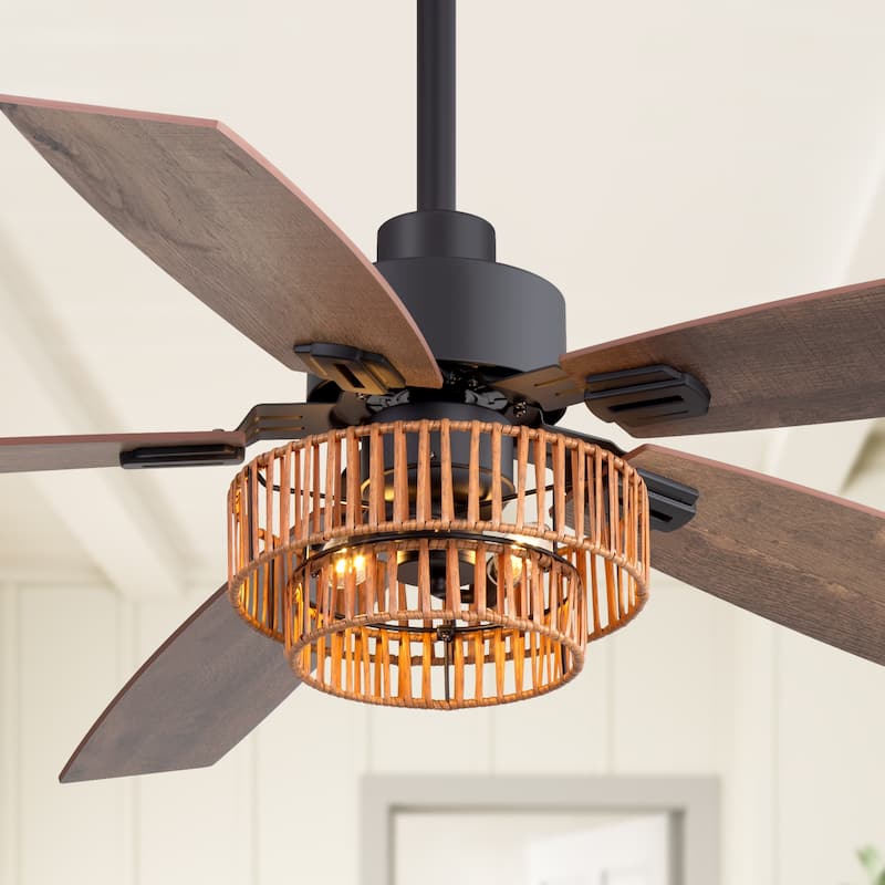 52-inch Farmhouse Ceiling Fan with Light and Remote(5 Reversible Blades） - Matte Black - Remote