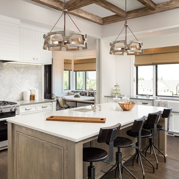 slide 1 of 13, The Gray Barn Farmhouse 3-Light Distressed Wood Drum Chandelier for Dining Room