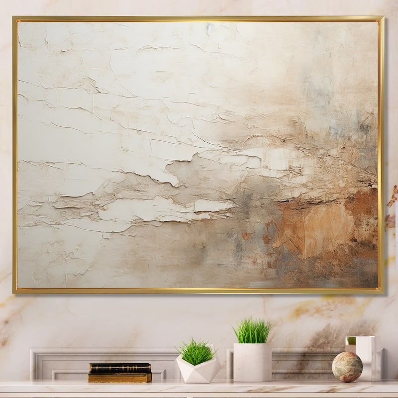 Designart "Beige And Brown Paint Fusion" Abstract Painting Framed Wall Art Living Room - 44 in. wide x 34 in. high - Gold