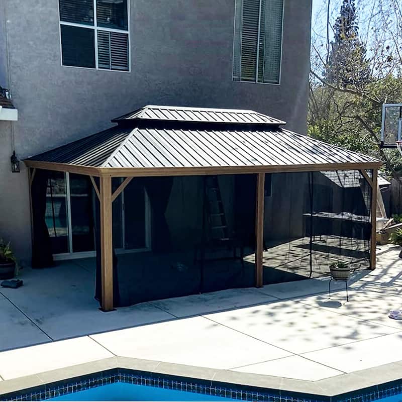 PURPLE LEAF Hardtop Gazebo Galvanized Steel Roof Gazebo Pergola w Wooden Coated Alumninum Frame and Mosquito Net
