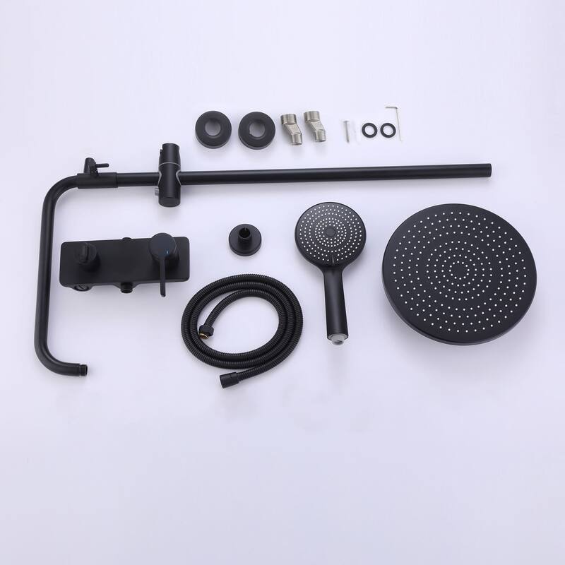 Tub Shower System With Rough-in Valve Exposed Pipes Shower Faucet With Hand Shower Matte Black 9.84 Inch Shower Head Kit Set