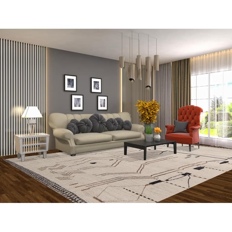 Earth Tone Moroccan Area Rug Handmade Stripe Wool Carpet - 8'8" x 12'11"