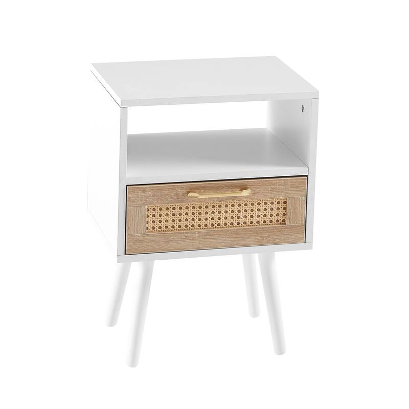 15.75" Rattan End table with drawer and solid wood legs,Modern nightstand,side table for living room,bedroom