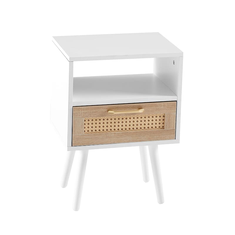 Rattan End Table Modern Black 15.7" Nightstand with Drawer and Solid Wood Legs, Bedroom Floor Organizer Display Cabinets