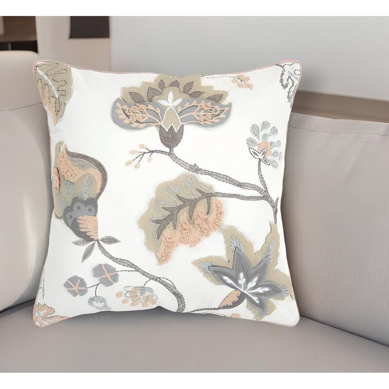 HomeRoots20" White and Tan Jacobean Floral Cotton Throw Pillow With Applique and Embroidery