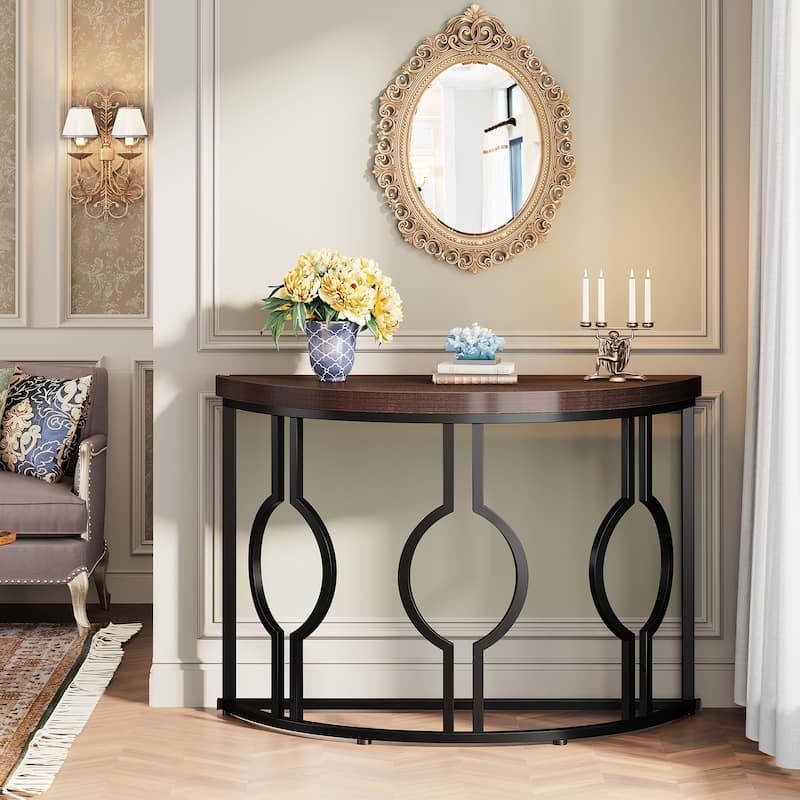 43" Half Moon Console Table for Entryway, Industrial Semi Circle Sofa Table with Geometric Base