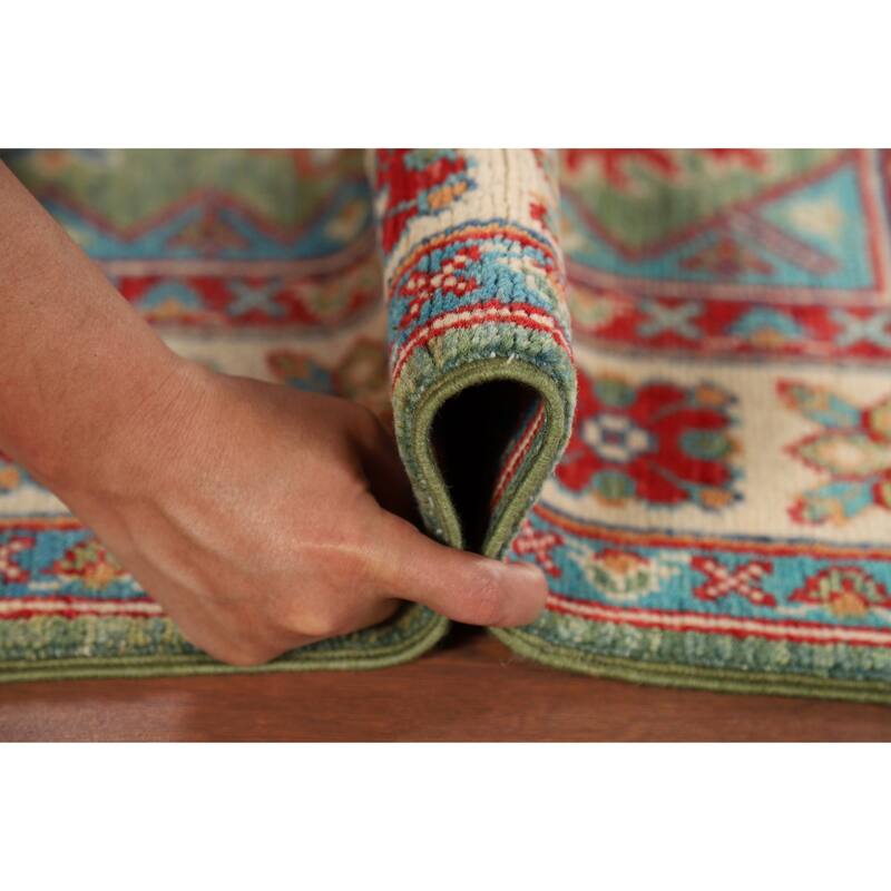 Green Geometric Kazak Oriental Foyer Rug Hand-Knotted Wool Carpet - 2'8" x 4'0"