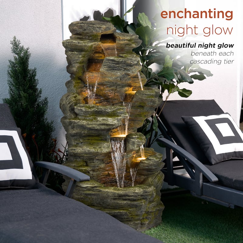 Alpine Corporation WIN1092 51" Brown Outdoor Floor Multitiered Rock Waterfall Fountain with LED Lights