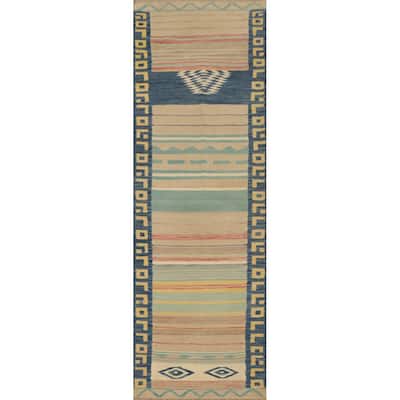 Hand Woven Oriental 100% Wool Carpet Southwestern Tribal Multi-Colored Kilim Runner Rug - 8' 1'' X 2' 2''