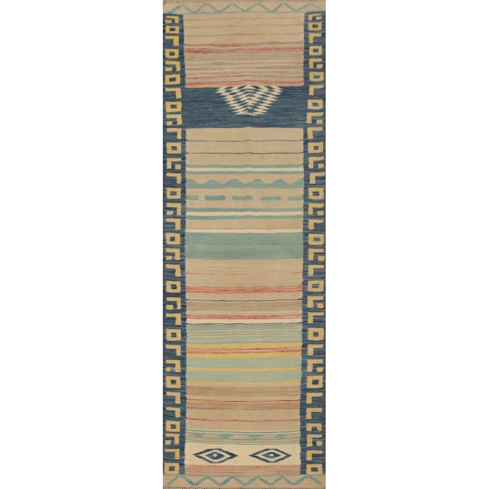 Hand Woven Oriental 100% Wool Carpet Southwestern Tribal Multi-Colored Kilim Runner Rug - 8' 1'' X 2' 2''