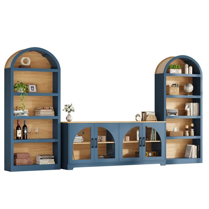 Farmhouse 3-Piece TV Stand Set for TVs Up to 70", Entertainment Center with Arched Sideboard and Glass Doors for Living Room